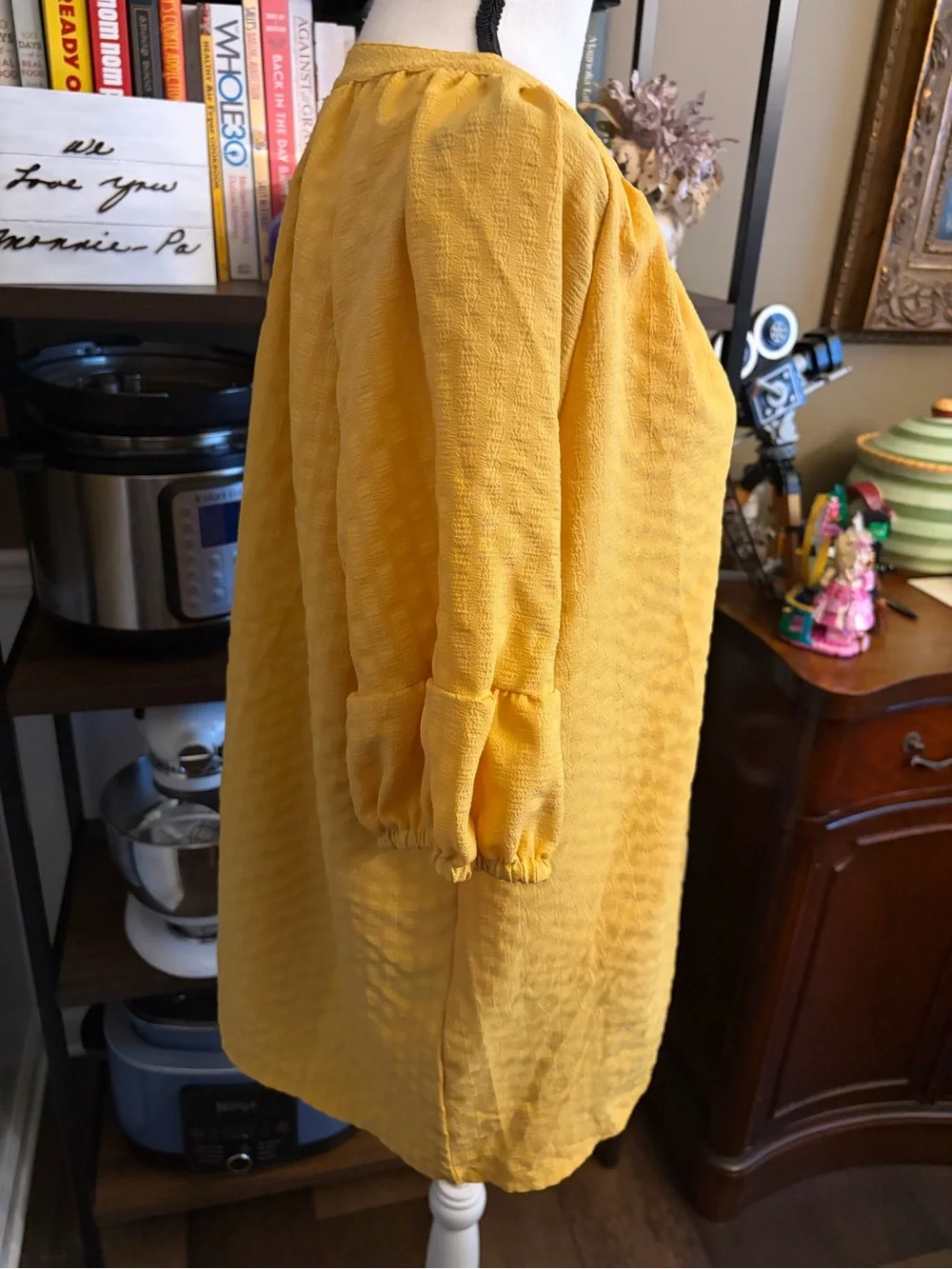 Textured V-Neck Tunic Blouse in Mustard Yellow